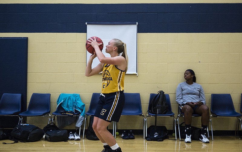 UTC women's basketball player Lakelyn Bouldin practices during a team practice in the Chattem practice facility on campus Tuesday, Oct. 11, 2016, in Chattanooga, Tenn.