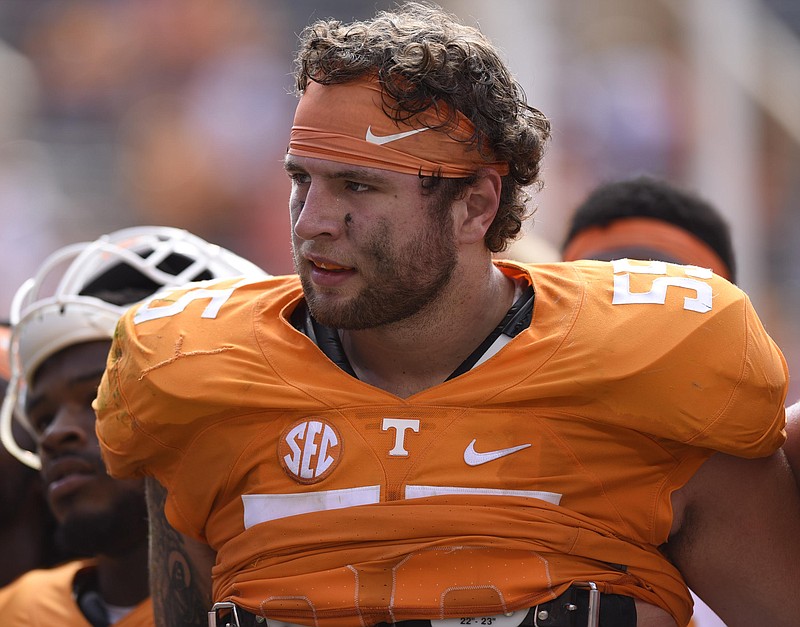 Coleman Thomas (55) played right tackle against Ohio.  The Ohio University Bobcats visited the University of Tennessee Volunteers at Neyland Stadium in a non-conference NCAA football game on Saturday September 17, 2016. 