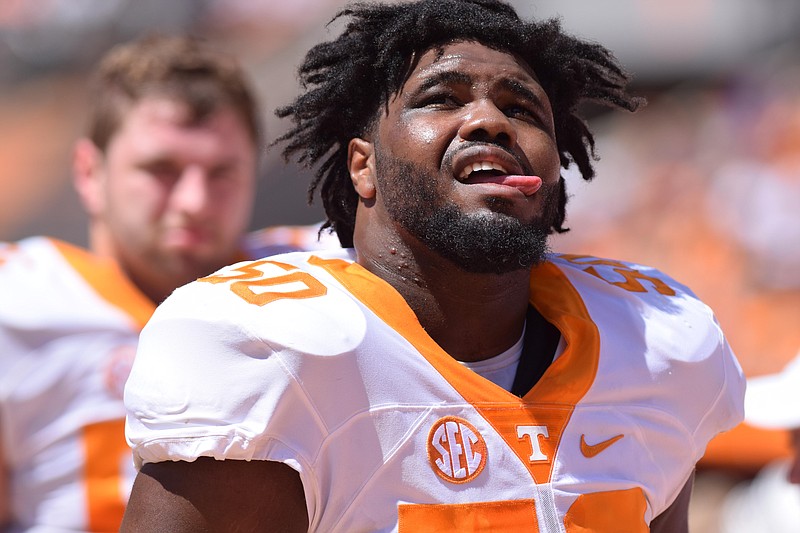 Venzell Boulware (50) plays on the offensive line.  The University of Tennessee Orange/White Spring Football Game was held at Neyland Stadium in Knoxville on April 16, 2016.