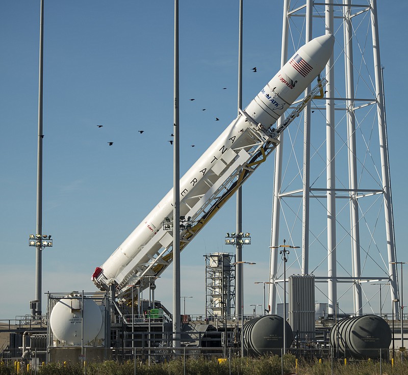
              In this photo released by NASA, the Orbital ATK Antares rocket, with the Cygnus spacecraft onboard, is raised into the vertical position on launch Pad-0A, Friday, Oct. 14, 2016, at NASA's Wallops Flight Facility in Virginia. Two years after a launch explosion, the space company Orbital ATK is returning to Virginia to send a load of supplies to the International Space Station. A planned nighttime launch this weekend from Wallops Island on Virginia's Eastern Shore will be visible along parts of the coast if the skies are clear. Liftoff is scheduled on Sunday .(Bill Ingalls/NASA via AP)
            