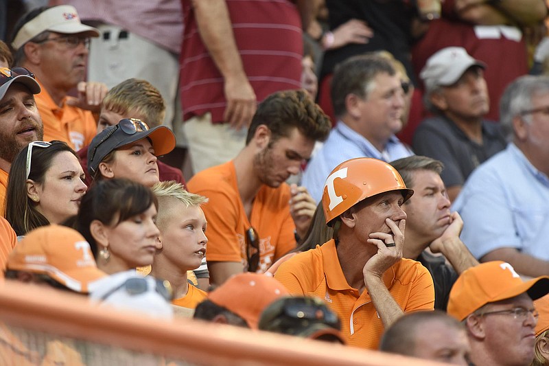 Tennessee fans watch as the their team falls behind 49-10 in the fourth quarter.  The top-ranked University of Alabama Crimson Tide visited the University of Tennessee Volunteers in SEC football action on October 15, 2016