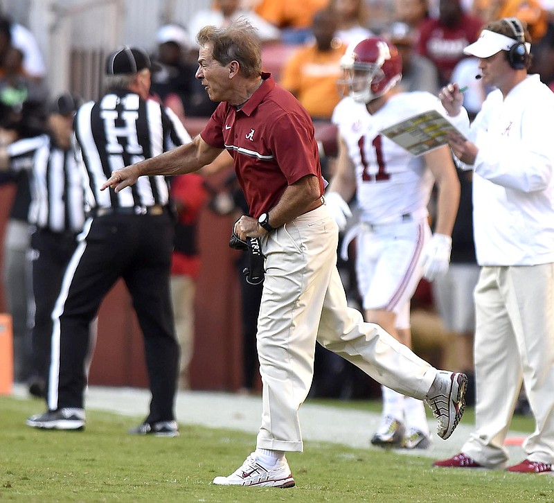 Alabama head coach Nick Saban showed frustration when the top-ranked University of Alabama Crimson Tide visited the University of Tennessee Volunteers in SEC football action on October 15, 2016