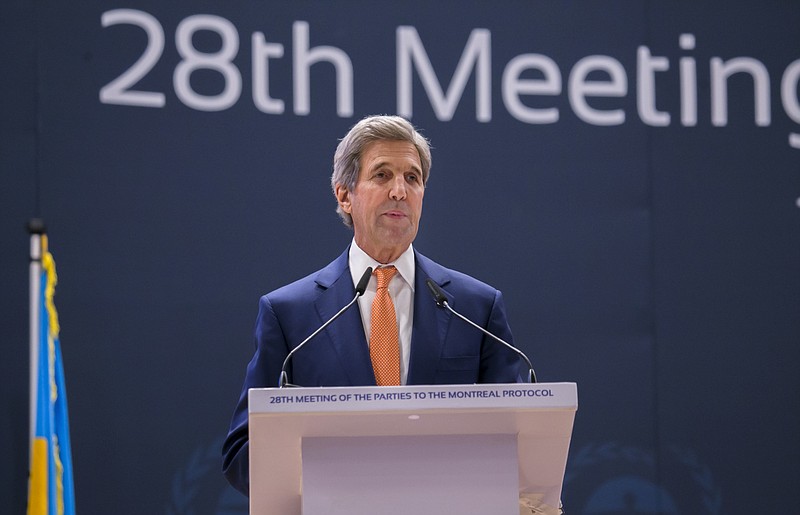 
              Secretary of State John Kerry delivers a speech to the 28th Meeting of the Parties to the Montreal Protocol on Substances that Deplete the Ozone Layer, in Kigali, Rwanda, Friday, Oct. 14, 2016.  The group of nations gathered in Kigali, are striving Friday for a deal to phase out hydrofluorocarbons from air conditioners and refrigerators as part of efforts to fight climate change. (AP Photo)
            