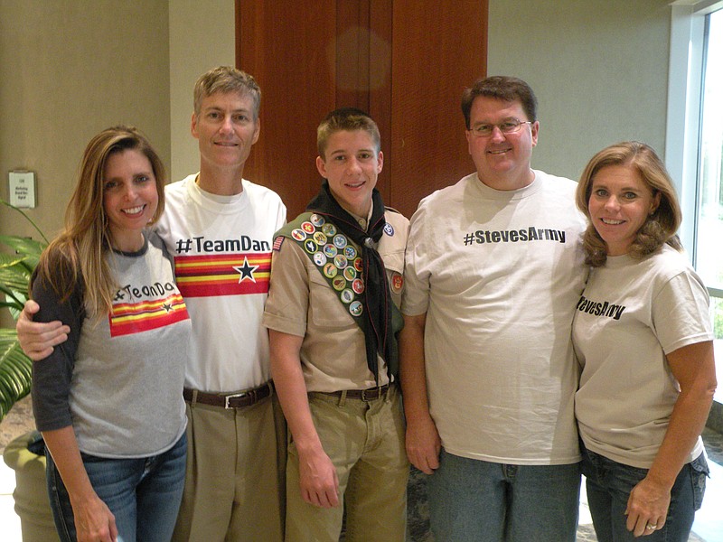 Scottie and Dan Summerlin of #Team Dan, left, and Steve and Deseret Ward of #StevesArmy are paricipating in Zach Ward's (center) #ThrowOutCancer 5k Oct. 29.