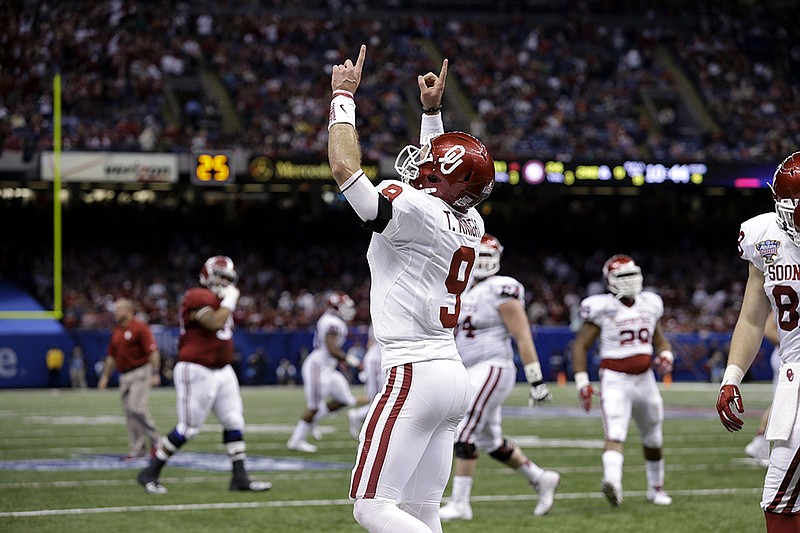 Former Oklahoma quarterback Trevor Knight celebrates a touchdown during the 45-31 win over Alabama in the Sugar Bowl after the 2013 
season. Knight is now a graduate transfer at Texas A&M, which visits 
Alabama this Saturday.