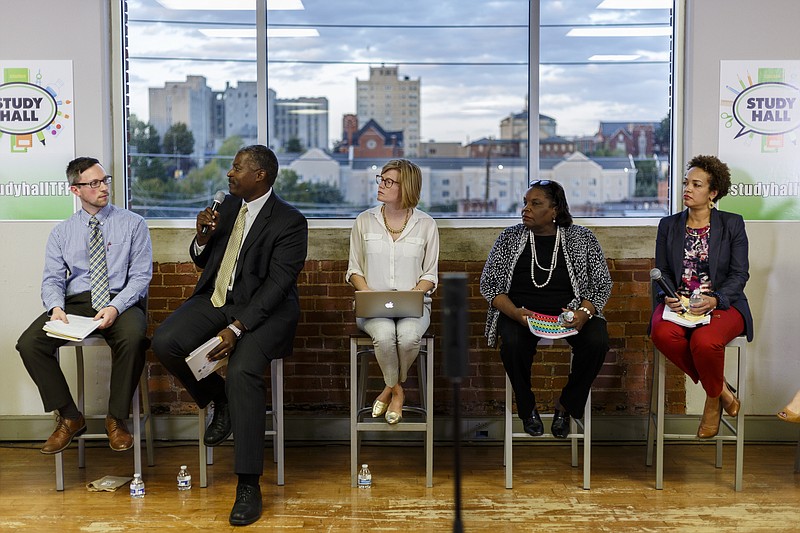 Brandon Hubbard-Heitz, Zac Brown, education reporter Kendi Anderson, Edna Varner, and Sylvia Flowers, from left, sit on a panel during a forum hosted by the Times Free Press titled "Study Hall" held at the newspaper's offices to discuss education in Hamilton County on Tuesday, Oct. 18, 2016, in Chattanooga, Tenn. A panel of educators and education administrators answered questions about teacher quality, preparation, and solutions to education issues facing the district.