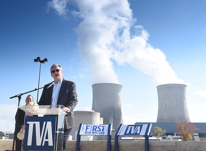Bill Johnson, president and CEO of TVA, talks to the media about Watts Bar Nuclear Plant reaching full power.