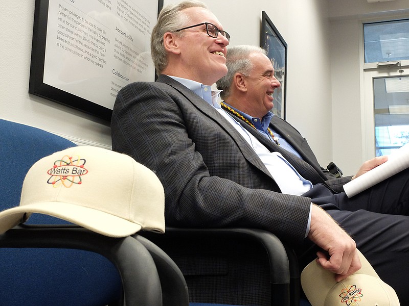 Bill Johnson, left, president and CEO of TVA, sits with Watts Bar Site Vice President Paul Simmons Wednesday morning at the Watts Bar Nuclear Plant.