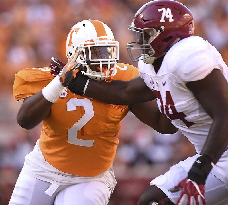 Tennessee's Shy Tuttle tries to get around Alabama's Cam Robinson during last Saturday's game in Knoxville. With injuries mounting for their defensive front, Tuttle is likely to become a starting tackle when the Vols return to action next week.