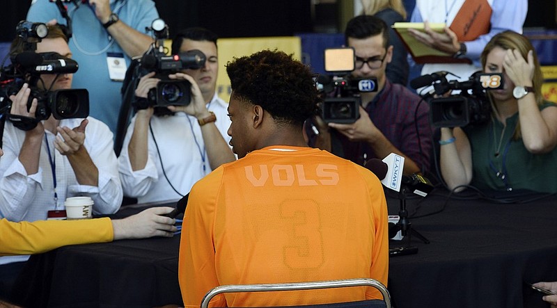 Tennessee senior guard Robert Hubbs III answers a question at the SEC Tipoff media event for men's basketball Wednesday at Bridgestone Arena in Nashville. Hubbs, who averaged 10.6 points per game in 2015-16, is confident the Vols can surprise some people after being picked to finish next-to-last in the league this season.