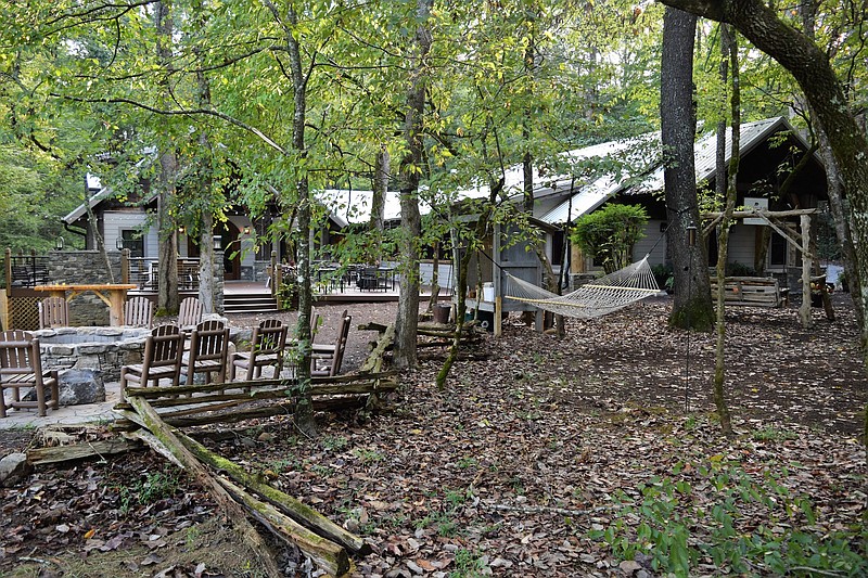 Following the fire that destroyed the lodge at Dancing Bear, a new one arose, this time with no rooms, but housing Appalachian Bistro, one of the top dining destinations in Blount County, Tenn., and run by the former chef at Terra Mae in Chattanooga. Hammocks and a firepit are in front of the restaurant.