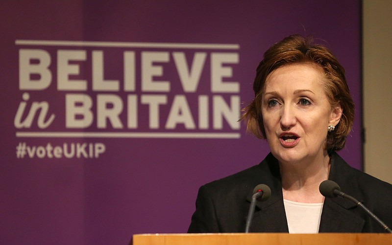 
              FILE - In this April 14, 2015 file photo, Suzanne Evans makes a speech in London. Two prominent candidates have announced they are running for leadership of Britain's fractious right-wing U.K. Independence Party _ both warning UKIP faces extinction if it doesn't change. Suzanne Evans and Paul Nuttall declared their candidatures on Sunday Oct. 23, 2016.  (Philip Toscano/PA via AP, File)
            