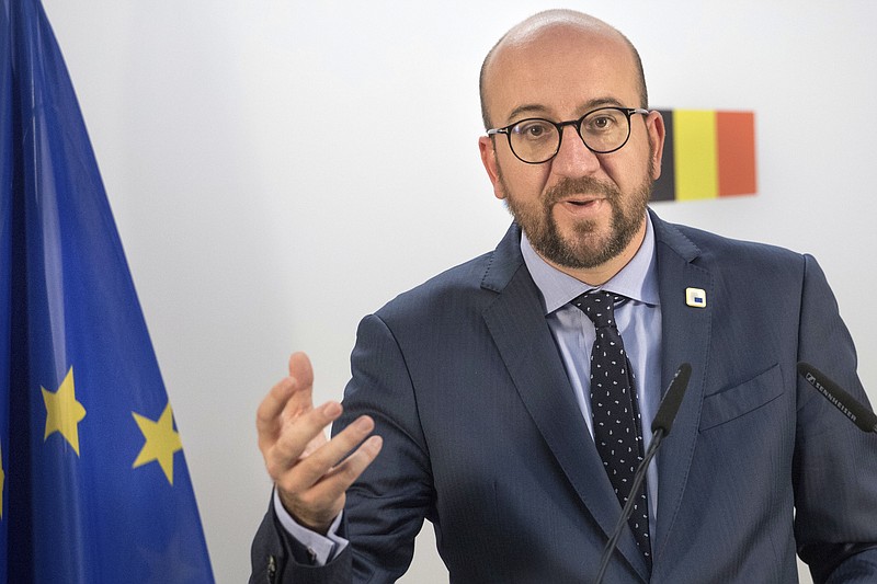 
              Belgian Prime Minister Charles Michel holds a press conference on the second day of the EU summit in Brussels, Friday, Oct. 21, 2016. The European Union was scrambling Friday to salvage a massive free trade deal with Canada that was being held up by a small region in Belgium. (AP Photo/Olivier Matthys)
            
