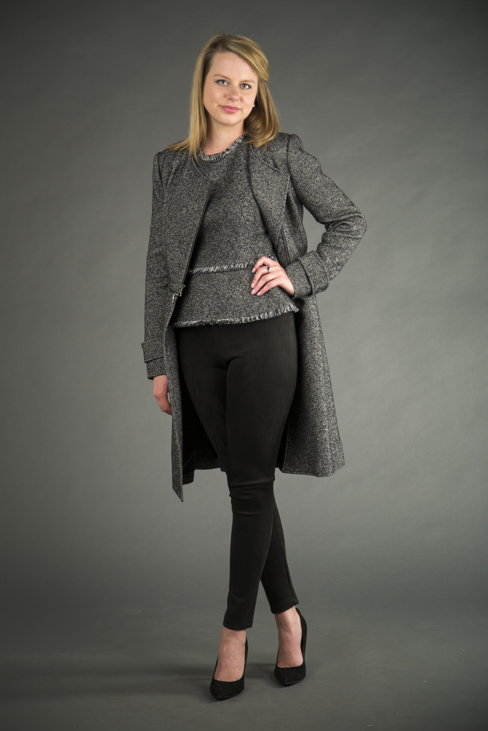 BCBGMaxazria Zhara top, BCBGMaxazria Jarrett jacket and BCBGMaxazria Mason tights, all available Yacoubian Tailors.