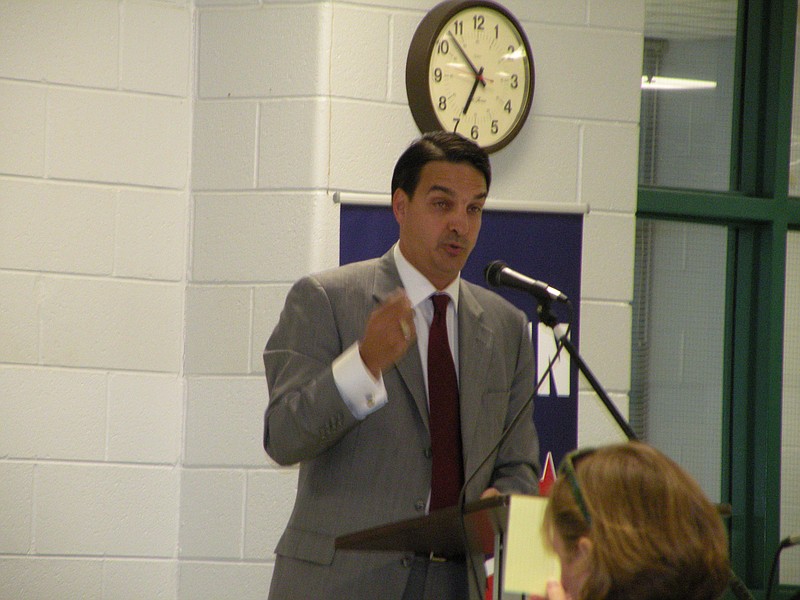 Hamilton County Commission District 3 candidate and current District 3 School Board Representative Greg Martin speaks during a debate for the County Commission candidates held recently at Loftis Middle School. The debate was jointly sponsored by McConnell Elementary and Loftis Middle.