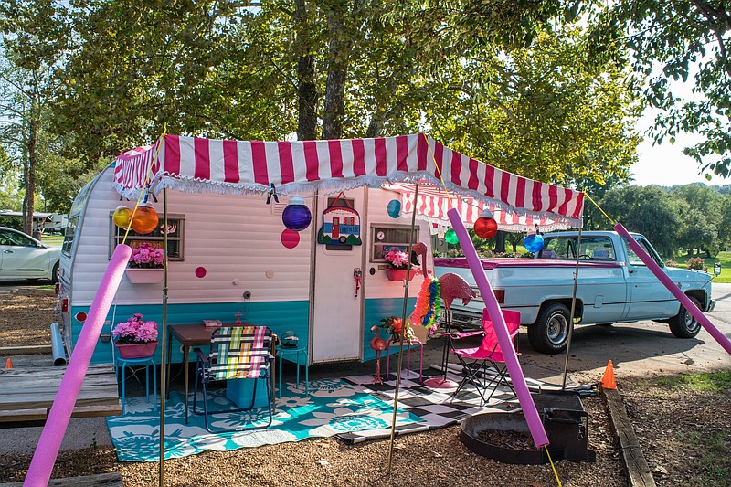Catherine Crossen's attention-grabbing campsite at Chester Frost Park, featuring her 1977 Serro Scotty trailer and her matching 1981 Chevy Silverado. (Photo by Jennifer Woods)