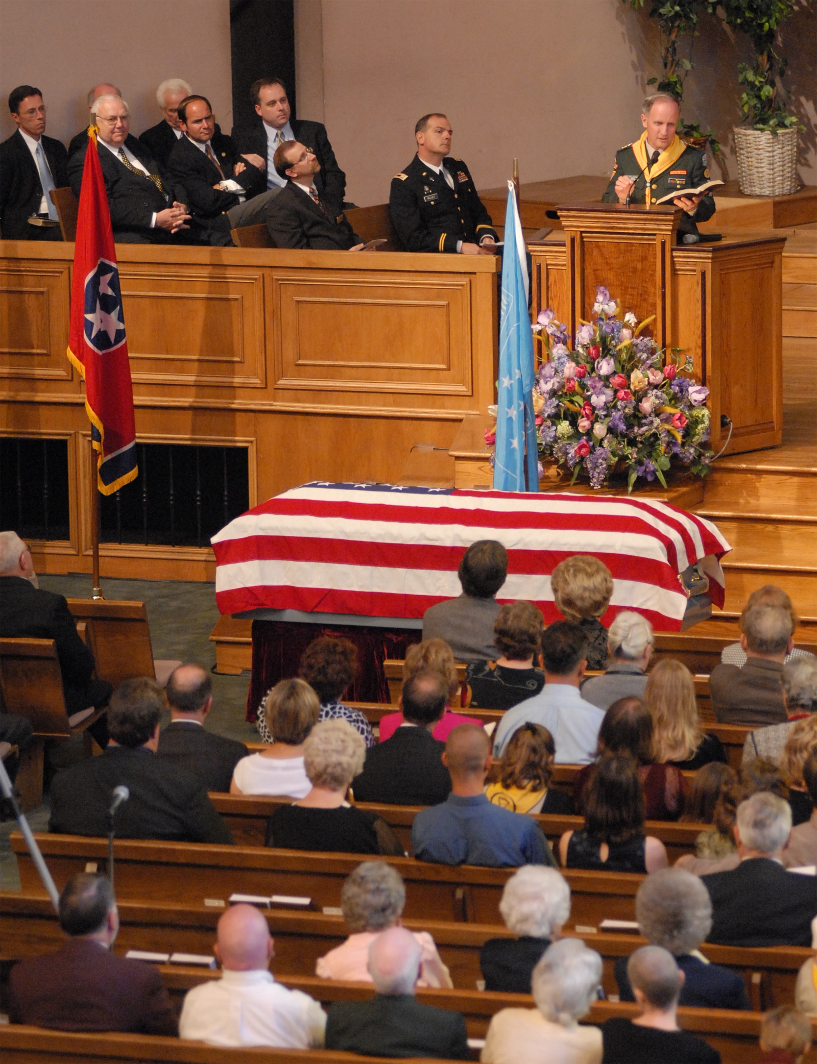 Elder John Swafford speaks during the funeral service for Desmond Doss, Sr. at Collegedale Seventh-day Adventist Church in Collegedale, Tenn. on Saturday, April 1, 2006. Desmond Doss Sr. received the Congressional Medal of Honor from President Harry Truman in 1945 for his acts of bravery during World War II. Mr. Doss will be buried Monday, April 3, 2006 in the Chattanooga National Cemetery.