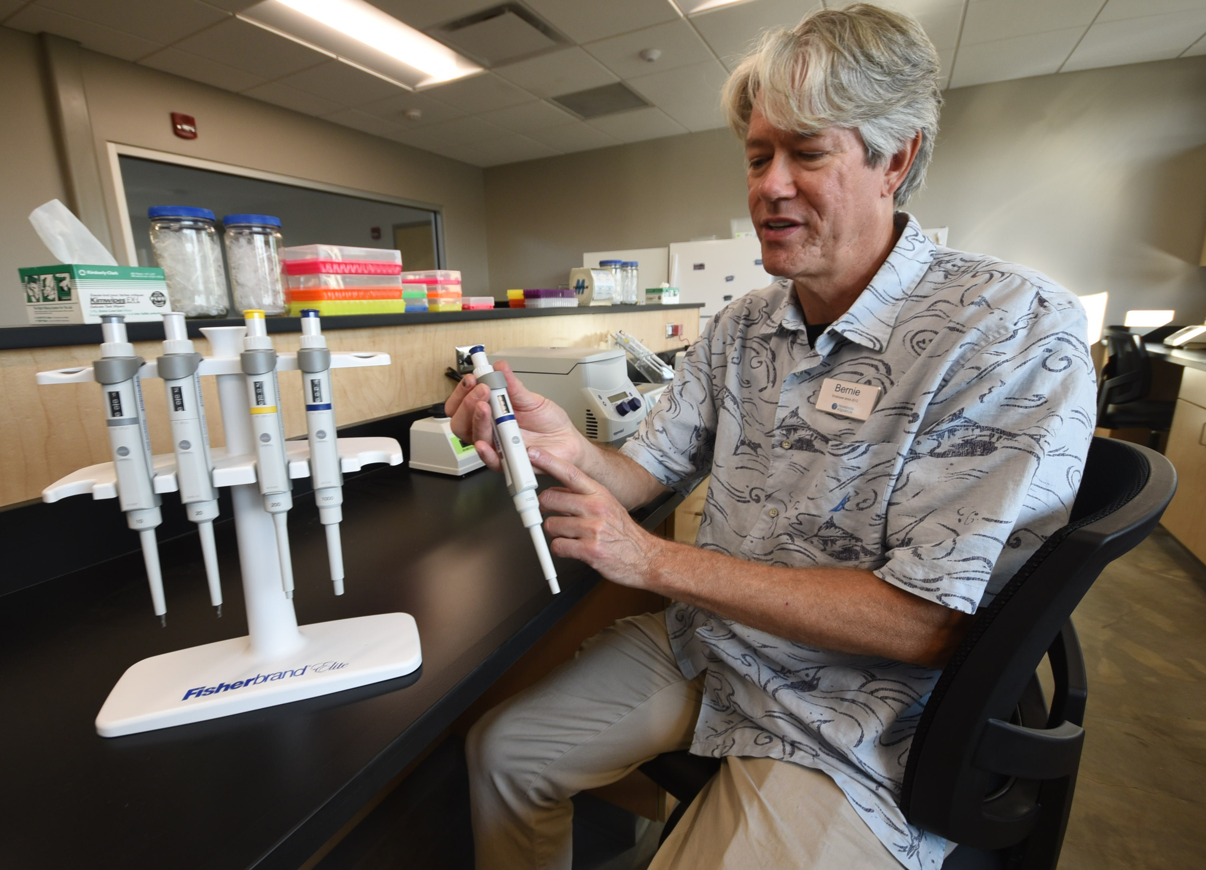 Dr. Bernie Kuhajda, Science Program Manager, talks about retrieving DNA from turtles, fish and salamanders through a micro pipette in his lab at the Tennessee Aquarium Conservation Institute. "It gets you your right cocktail mix for amplifying DNA to perform genetics," Kuhajda said.