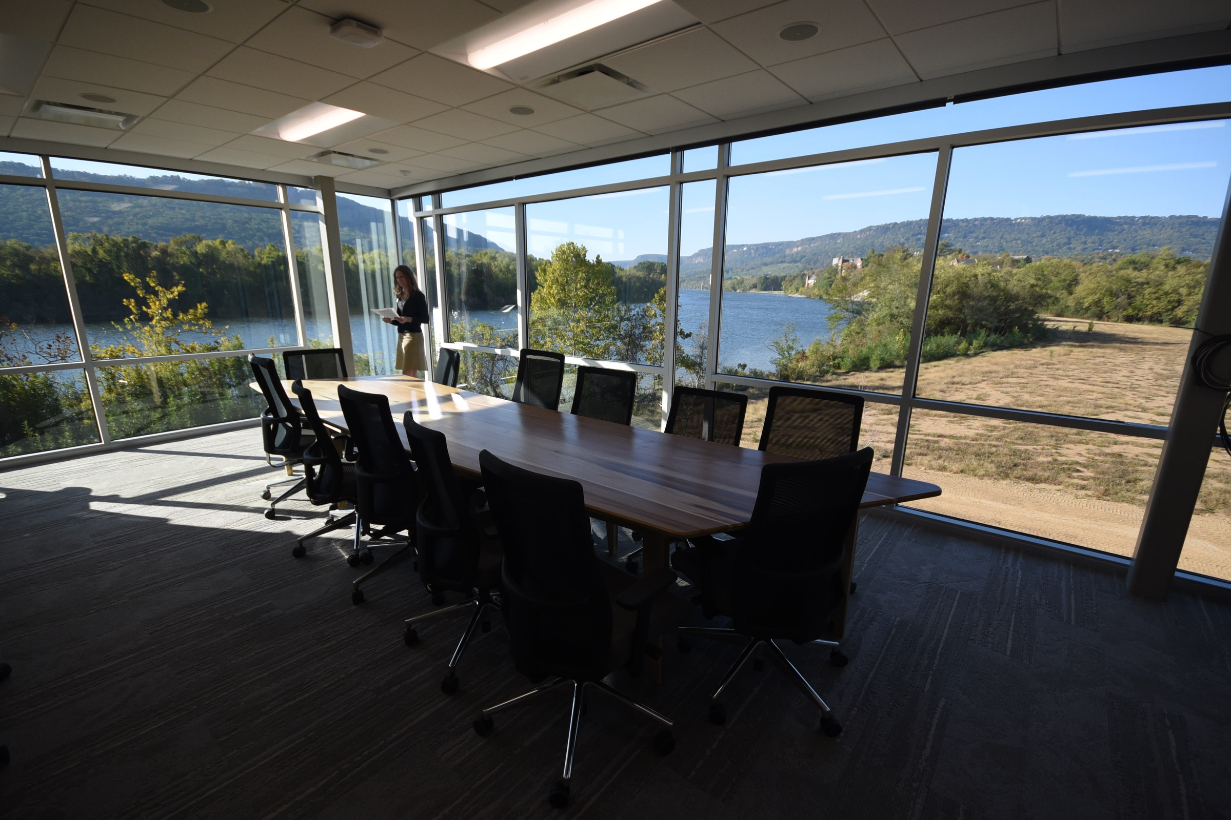 The conference room has the view looking toward the river canyon at Tennessee Aquarium Conservation Institute on the Tennessee River near the Baylor School campus.