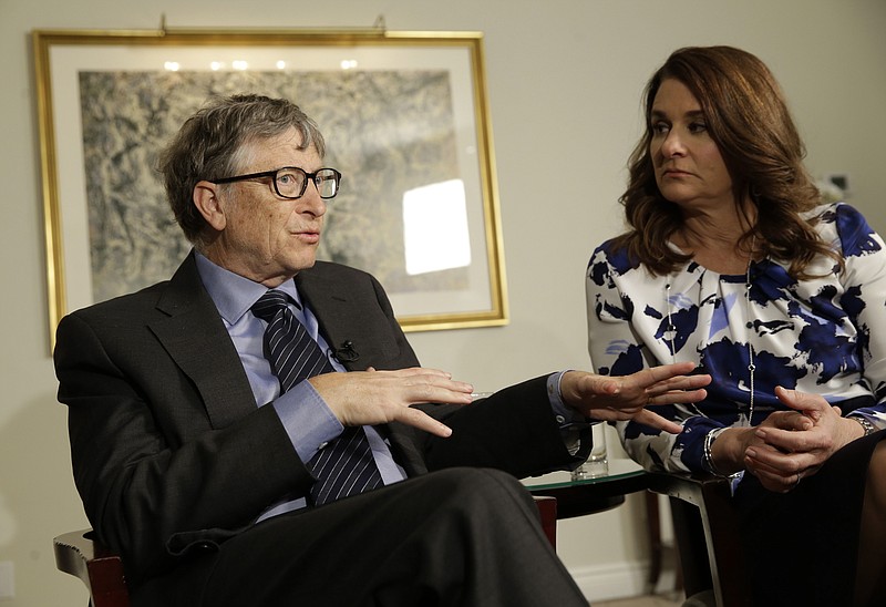 
              FILE - In this Monday, Feb. 22, 2016 file photo, Bill and Melinda Gates talk to reporters about the 2016 annual letter from their foundation, the Bill and Melinda Gates Foundation, in New York. Researchers are trying to infect mosquitoes in Brazil and Colombia with a type of bacteria that could prevent them from spreading Zika virus and other dangerous diseases. British and American governments are teaming up with the Bill and Melinda Gates Foundation and the U.K.-based Wellcome Trust to expand field tests in Rio de Janeiro in Brazil and the city of Bello in northwest Colombia, philanthropist Bill Gates told a conference Wednesday Oct. 26, 2016. (AP Photo/Seth Wenig, File)
            