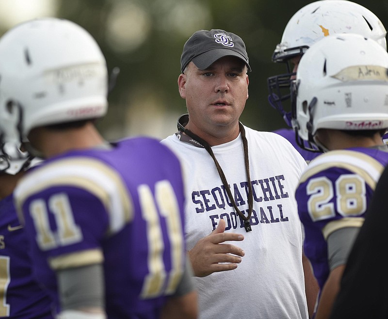Adam Caine is the head coach of the Sequatchie County Indians.  The Sequatchie Valley Football Jamboree was held at South Pittsburg High School on Friday August, 12, 2016. 