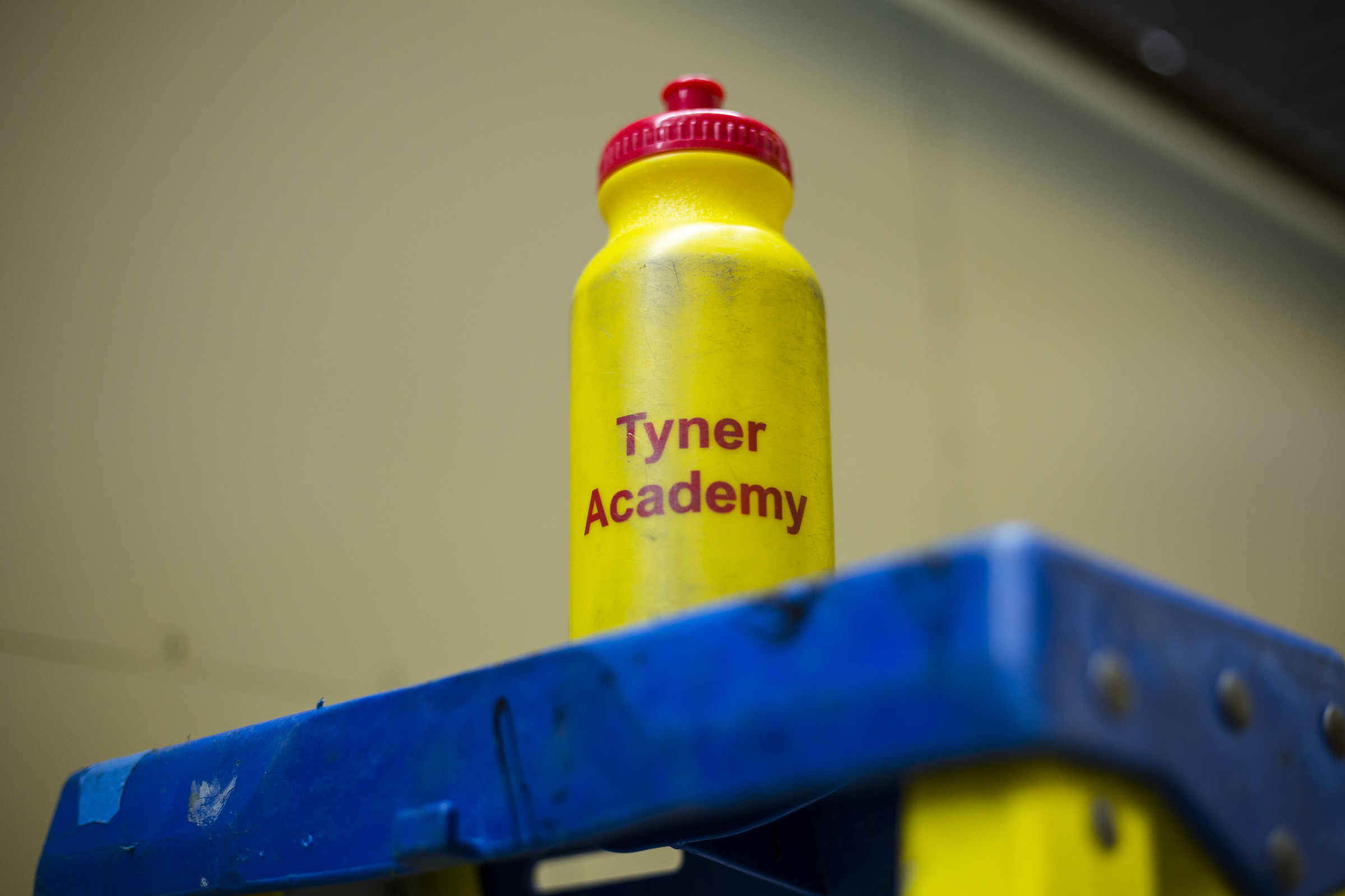 A Tyner Academy water bottle is seen on a ladder at Tyner Academy on Wednesday, Oct. 26, 2016, in Chattanooga, Tenn. Students in Jerry Webb's class have been constructing the environmentally friendly Tiny House, which will include a solar power system, to learn about renewable energy and sustainability.