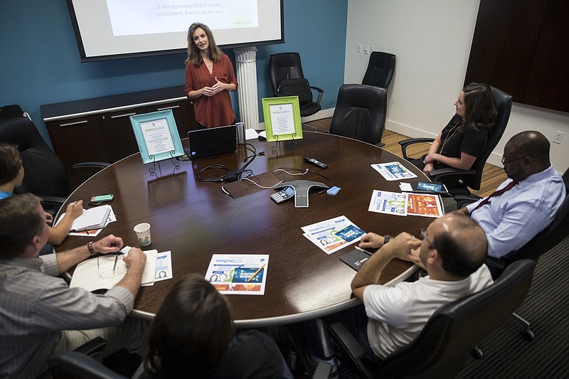 Mom Source managing partner Carlene Carrabino Vital speaks during a break-out session for Startup Week about employee retainment held at Lamp Post Group on Thursday, Oct. 6, 2016, in Chattanooga, Tenn.