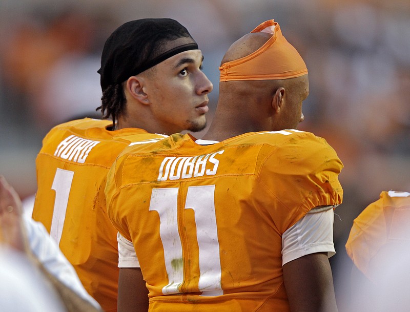 Tennessee running back Jalen Hurd (1) looks to the large television screen as he stands with quarterback Joshua Dobbs (11) during the second half of an NCAA college football game against Alabama on Saturday, Oct. 15, 2016, in Knoxville, Tenn. Alabama won 49-10. (AP Photo/Wade Payne)