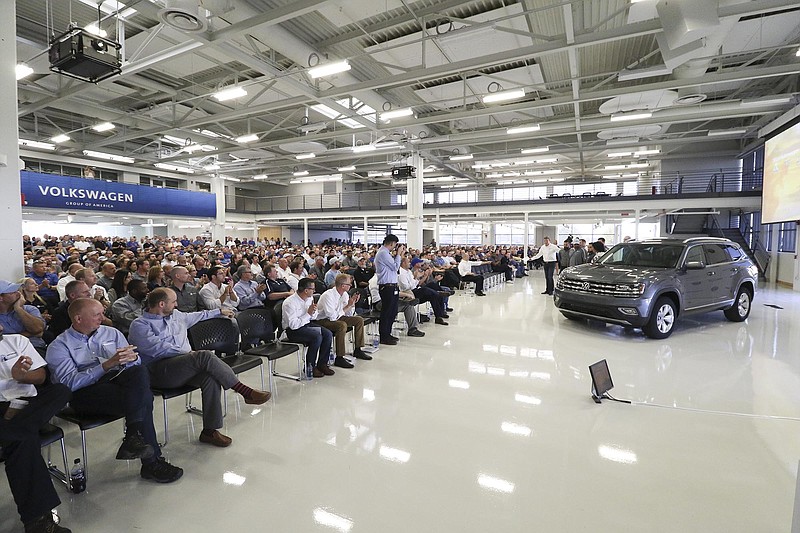 Staff Photo by Dan Henry / The Chattanooga Times Free Press- 11/1/16. The all-new Volkswagen Atlas is unveiled to Volkswagen Chattanooga employees during a quarterly all-team meeting, on Tuesday, Nov. 1, 2016. The Atlas will be in production late this year and hit dealerships spring 2017.