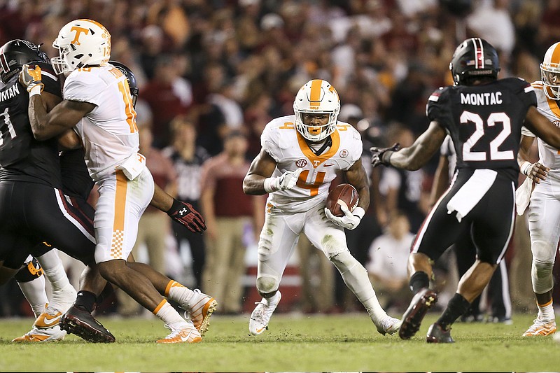 Tennessee sophomore John Kelly moves toward a hole in the South Carolina defense during last Saturday's loss in Columbia. With Jalen Hurd having left the team and Alvin Kamara injured, the former third-stringer is expected to get most of the carries at running back during this weekend's home game against Tennessee Tech.