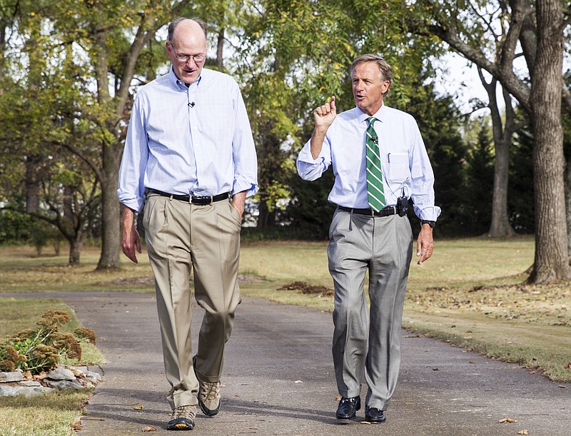 In this Oct. 25, 2016, photo, Republican Gov. Bill Haslam, right, campaigns with fellow Republican state Sen. Steve Dickerson in Nashville, Tenn. The Senate Republican Caucus in October spent $669,000 on television ads targeting Dickerson's Democratic challenger Erin Coleman. (AP Photo/Erik Schelzig)