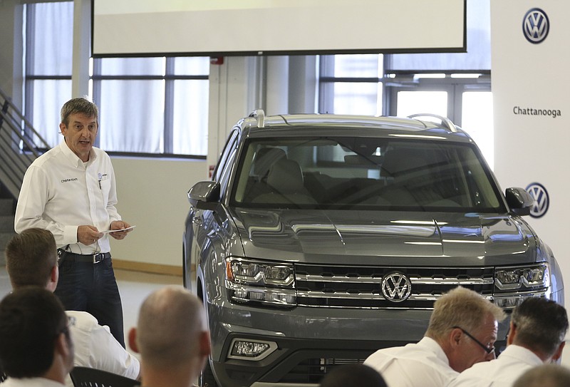 Staff Photo by Dan Henry / Volkswagen Chattanooga Chief Executive Officer Christian Koch unveiled the new Volkswagen Atlas to employees during a quarterly all-team meeting last week. The Atlas will be in production late this year and hit dealerships in spring 2017.