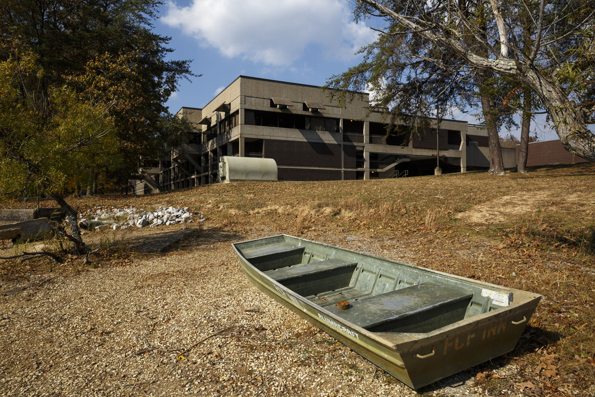 A boat is beached near the park inn at Fall Creek Falls State Park on Wednesday, Nov. 2, 2016, in Spencer, Tenn.