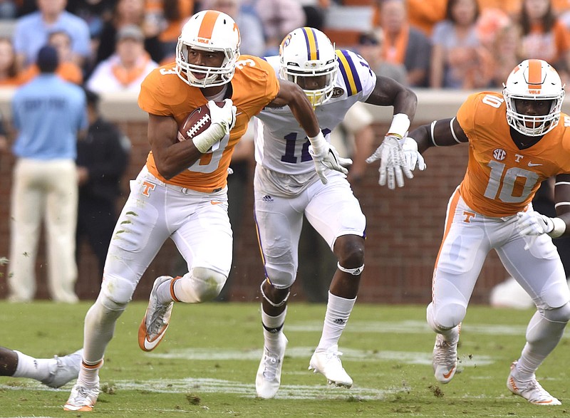 Tennessee"s Josh Malone (3) breaks free for a long gain.  The Tennessee Tech Golden Eagles visited the Tennessee Volunteers in NCAA football action at Neyland Stadium in Knoxville on November 5, 2016.