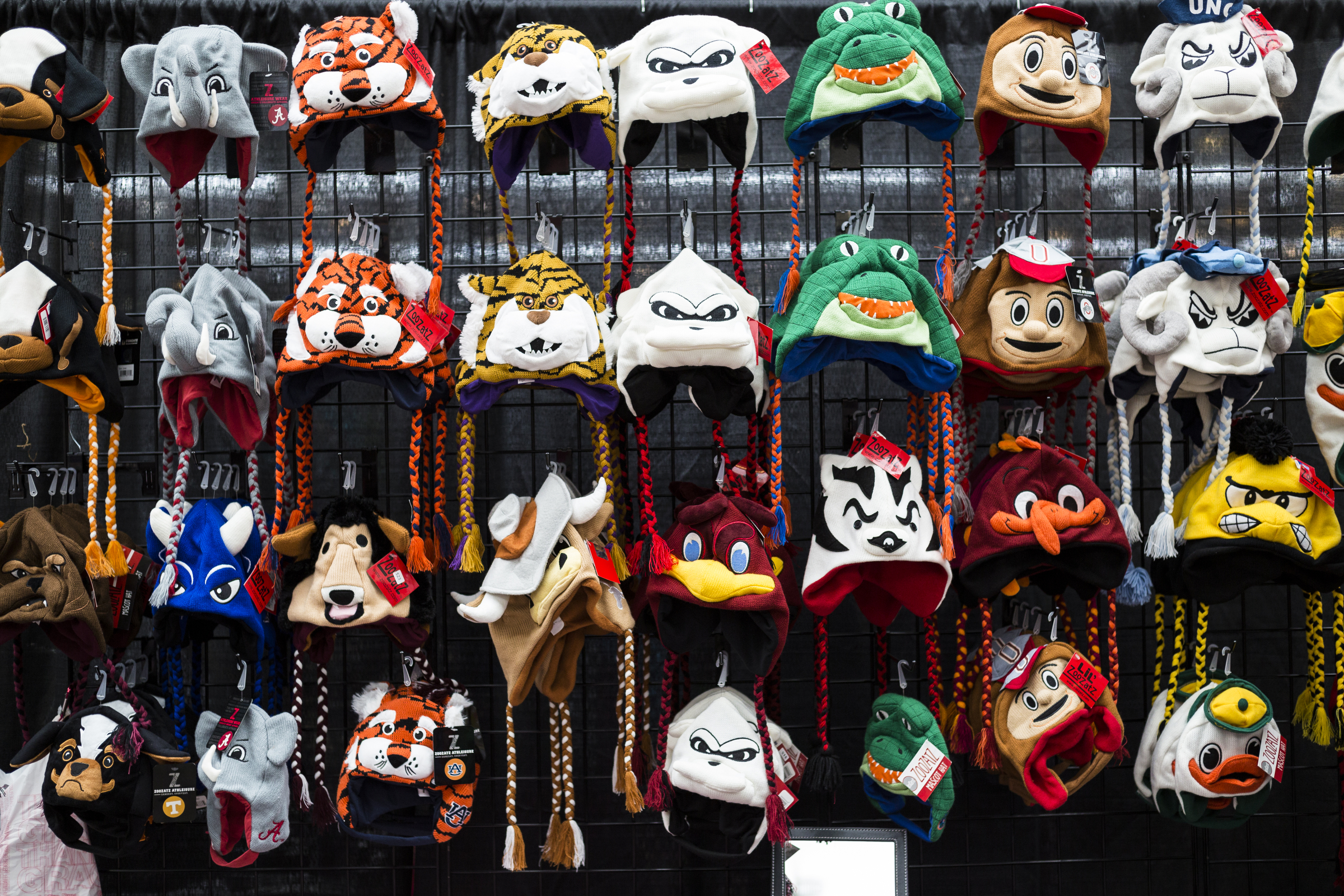 Football-themed winter hats are displayed at a booth at the Times Free Press's HoHo Expo at the Chattanooga Convention Center on Saturday, Nov. 5, 2016, in Chattanooga, Tenn. The holiday expo features more than 200 vendors as well as children's entertainment and continues Sunday.