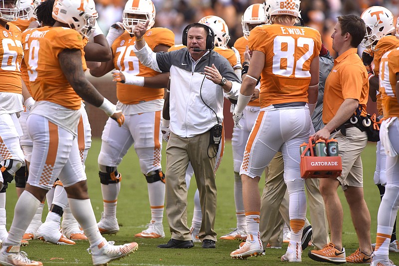 Butch Jones gathers his players around him.  The Tennessee Tech Golden Eagles visited the Tennessee Volunteers in NCAA football action at Neyland Stadium in Knoxville on November 5, 2016.