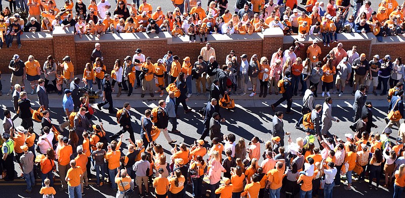 The Vols make their way down the Vol Walk.  The Tennessee Tech Golden Eagles visited the Tennessee Volunteers in NCAA football action at Neyland Stadium in Knoxville on November 5, 2016.