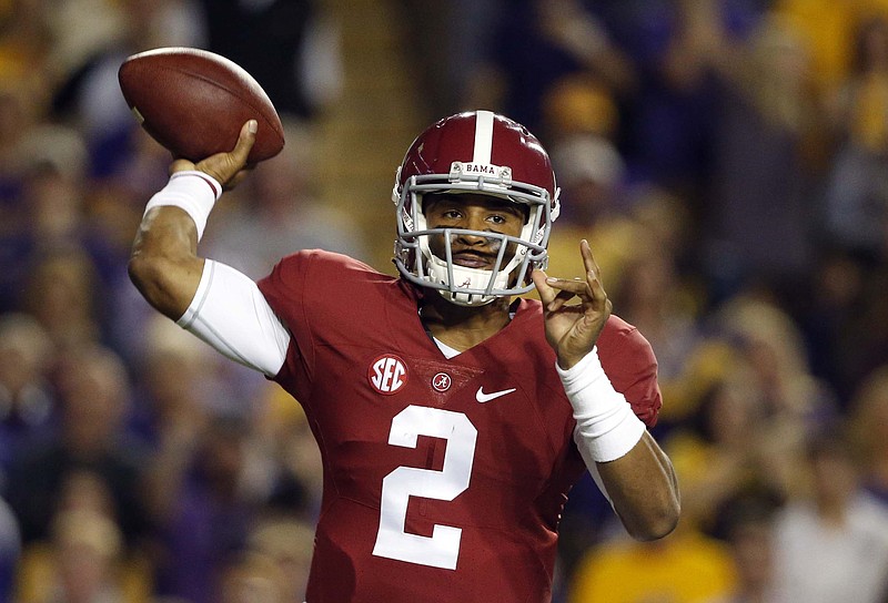 
              Alabama quarterback Jalen Hurts (2) passes  passes in the first half of an NCAA college football game against LSU in Baton Rouge, La., Saturday, Nov. 5, 2016. (AP Photo/Gerald Herbert)
            