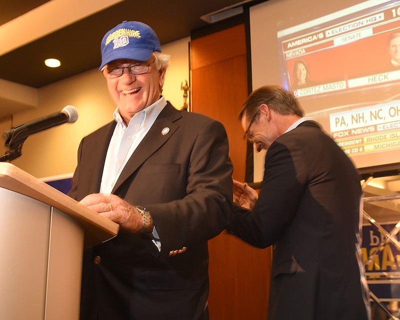 Todd Gardenhire laughs after an introduction by Tennessee State Senator Bo Watson at the Double Tree hotel Tuesday night in downtown Chattanooga.