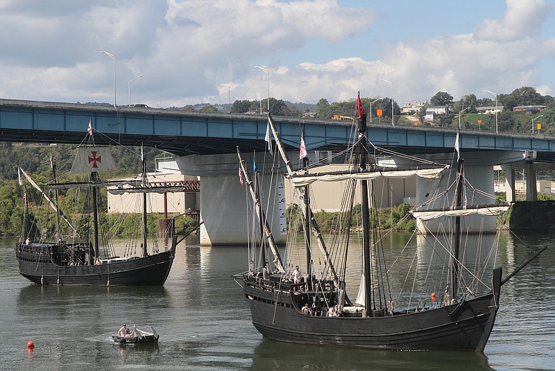 The Columbus Foundation prepares to dock replicas of Columbus' ships "Pinta" and "Nina" at the Chattanooga Pier during their previous visit to Chattanooga in October 2016. The ships are back in town today, Nov. 10.