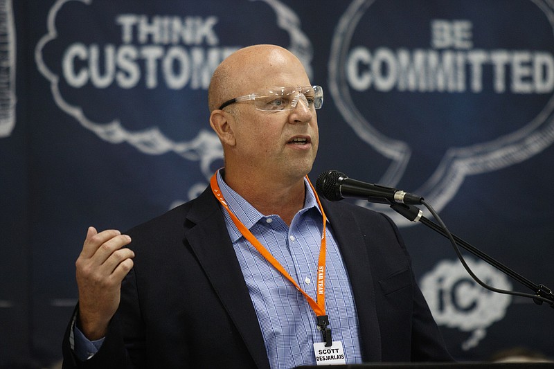 U.S. Rep. Scott Desjarlais speaks at the La-Z-Boy furniture plant on Thursday, June 2, 2016, in Dayton, Tenn. The plant on Thursday marked 7 million hours without a lost work day case.