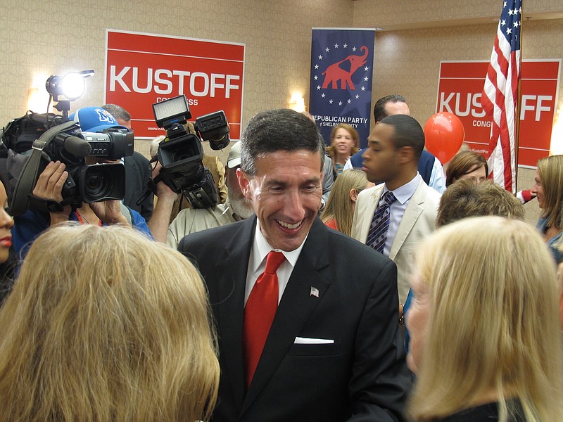 
              Former U.S. attorney David Kustoff speaks with supporters at his victory party after he won the race in Tennessee's 8th Congressional District on Tuesday, Nov. 8, 2016 in Memphis, Tenn. (AP Photo/Adrian Sainz).
            