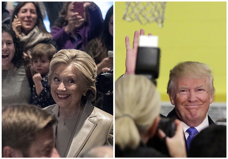 In this photo combination, Democratic presidential candidate Hillary Clinton greets supporters after voting in Chappaqua, N.Y., and Republican presidential candidate Donald Trump waves after voting in New York, Tuesday, Nov. 8, 2016. (AP Photo/Andrew Harnik, Richard Drew)