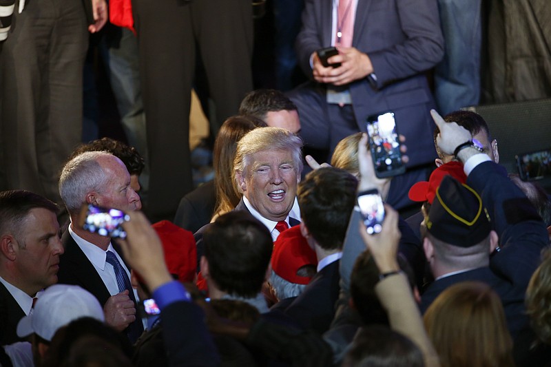 President-elect Donald Trump greets attendees at his victory speech around 3 a.m. in New York, Wednesday. (Eric Thayer/The New York Times)