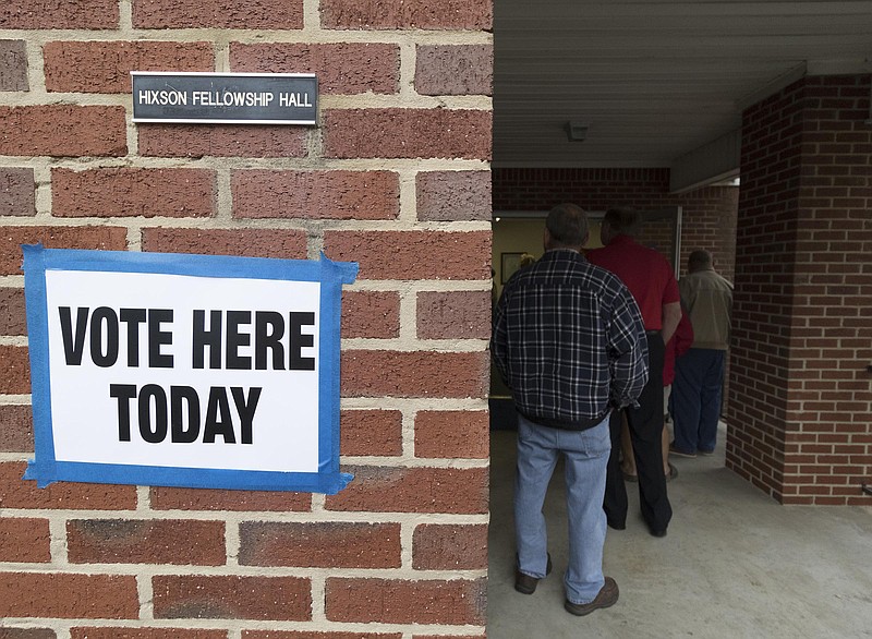 Area residents wait in line to vote on Nov. 8, 2016, at the Hixson Fellowship Hall in Red Bank Cumberland Presbyterian Church. 