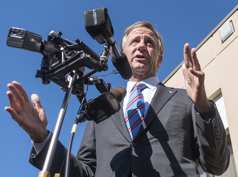 Gov. Bill Haslam speaks to reporters in Nashville, Tenn., on Wednesday, Nov. 9, 2016, about the presidential election results. (AP Photo/Erik Schelzig)
            