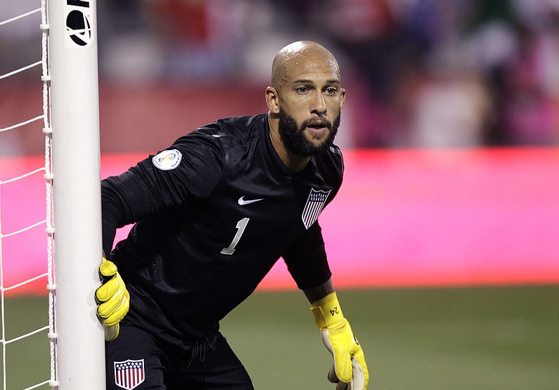 
              FILE - In this Sept. 10, 2013, file photo, United States' Tim Howard plays against Mexico in a World Cup qualifying soccer match in Columbus, Ohio. Howard will be back in the goal on Friday night, Nov. 11, 2016, when the U.S. plays Mexico in a final-round qualifier for the 2018 World Cup.(AP Photo/Jay LaPrete, File)
            