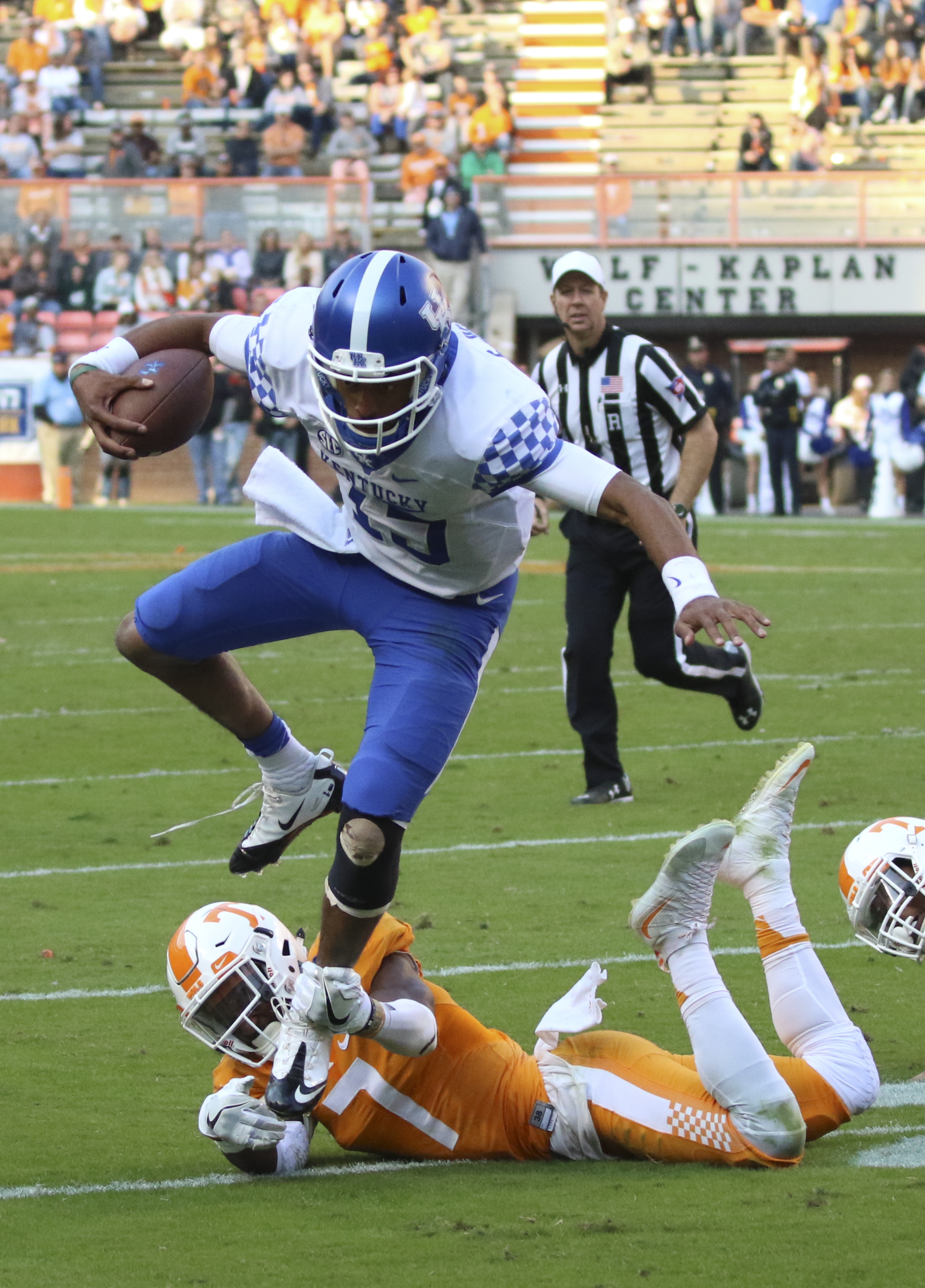Staff Photo by Dan Henry / The Chattanooga Times Free Press- 11/12/16. Tennessee's Rashaan Gaulden (7) latches onto Kentucky quarterback Stephen Johnson (15) during the fourth quarter of play. The Tennessee Volunteers won over the Kentucky Wildcats with a final score of 49-36 at Neyland Stadium in Knoxville, Tenn., on Saturday, November 12, 2016.