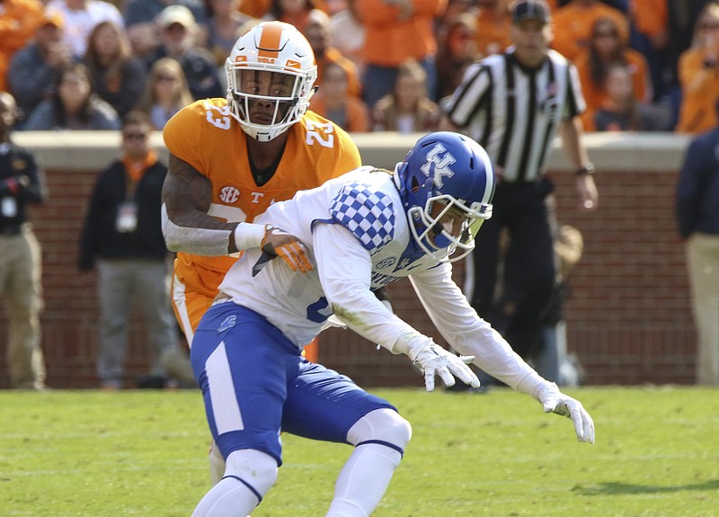 Staff Photo by Dan Henry / The Chattanooga Times Free Press- 11/12/16. Tennessee's Cameron Sutton (23) defends as Kentucky's Blake Bone (6) receives a pass during the second quarter of play. The Tennessee Volunteers won over the Kentucky Wildcats with a final score of 49-36 at Neyland Stadium in Knoxville, Tenn., on Saturday, November 12, 2016. 