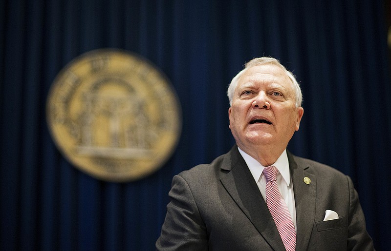 
              FILE - In this March 28, 2016 file photo, Georgia Gov. Nathan Deal speaks during a news conference in Atlanta.  Tuesday, Nov. 8 presidential results and Georgians’ rejection of a proposed amendment to the state constitution are already having an effect on the upcoming legislative session. Health care and education issues were expected to dominate 2017 at the Capitol. But key policymakers say discussions about expanding Medicaid in Georgia are likely on hold.  Deal says he’s mulling options after voters rejected allowing a state takeover of some schools.  (AP Photo/David Goldman)
            